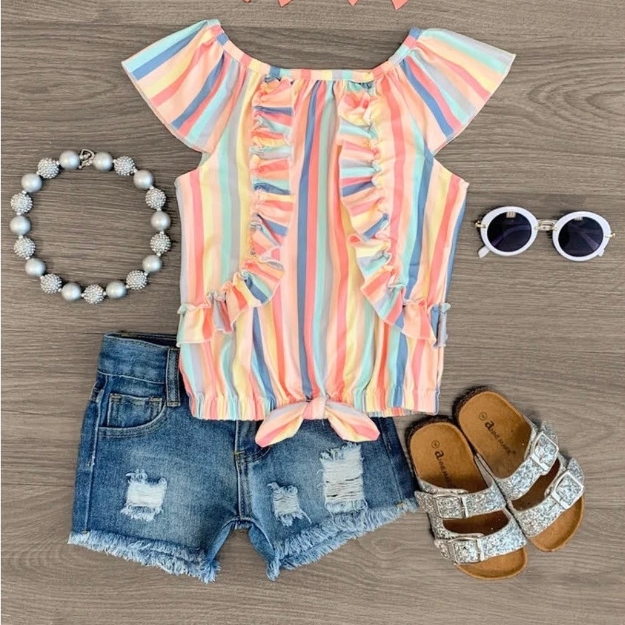 Striped Ruffle Denim Set